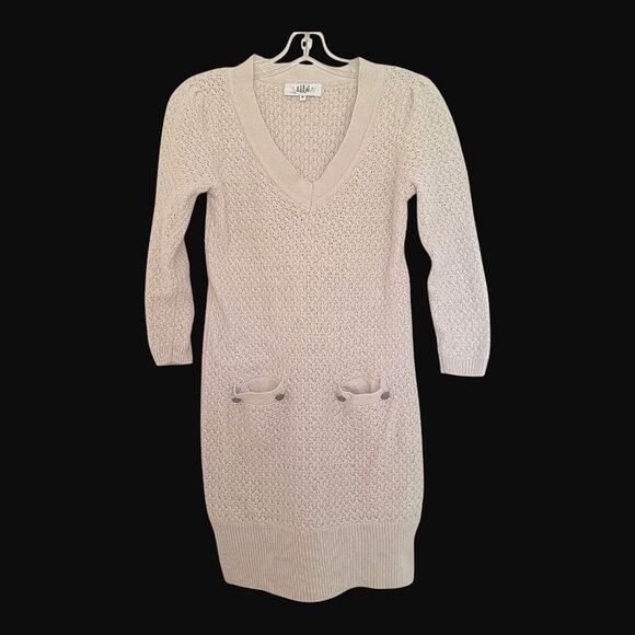 Tibi Sweater Dress Wool Cashmere Blend Pockets Sheath V-Neck Above Knee Beige M - Picture 1 of 16